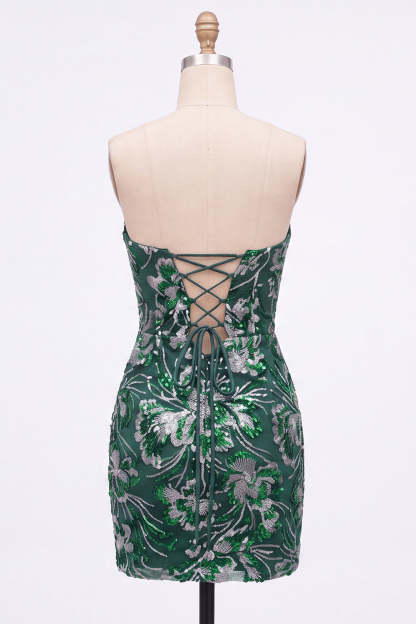 Sparkly Dark Green Bodycon Floral Strapless Sequins Short Homecoming Dress