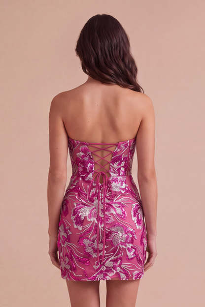 Sparkly Dark Green Bodycon Floral Strapless Sequins Short Homecoming Dress