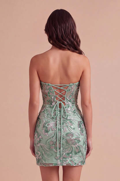 Sparkly Dark Green Bodycon Floral Strapless Sequins Short Homecoming Dress