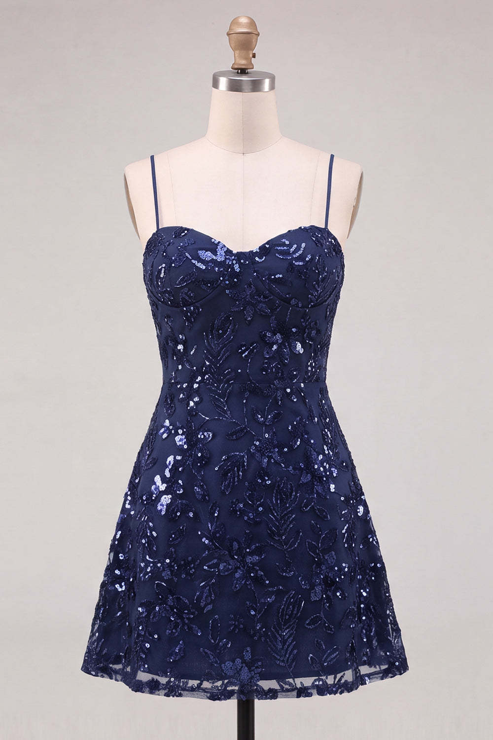 Navy Sparkly Sequins A-Line Spaghetti Straps Short Homecoming Dress