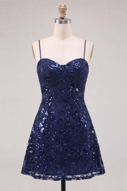 Navy Sparkly Sequins A-Line Spaghetti Straps Short Homecoming Dress