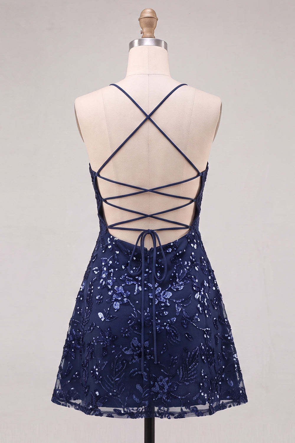 Navy Sparkly Sequins A-Line Spaghetti Straps Short Homecoming Dress
