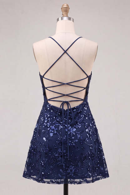 Navy Sparkly Sequins A-Line Spaghetti Straps Short Homecoming Dress