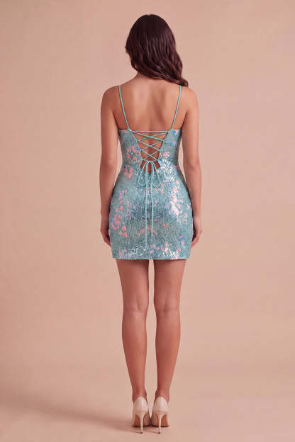 Sparkly Mint Green Bodycon Spaghetti Straps Sequins Short Homecoming Dress