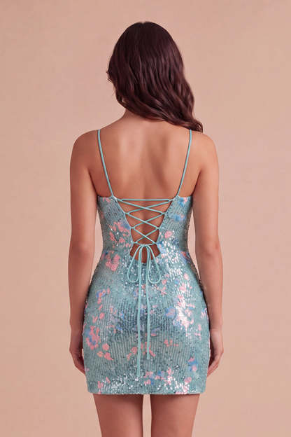 Sparkly Mint Green Bodycon Spaghetti Straps Sequins Short Homecoming Dress