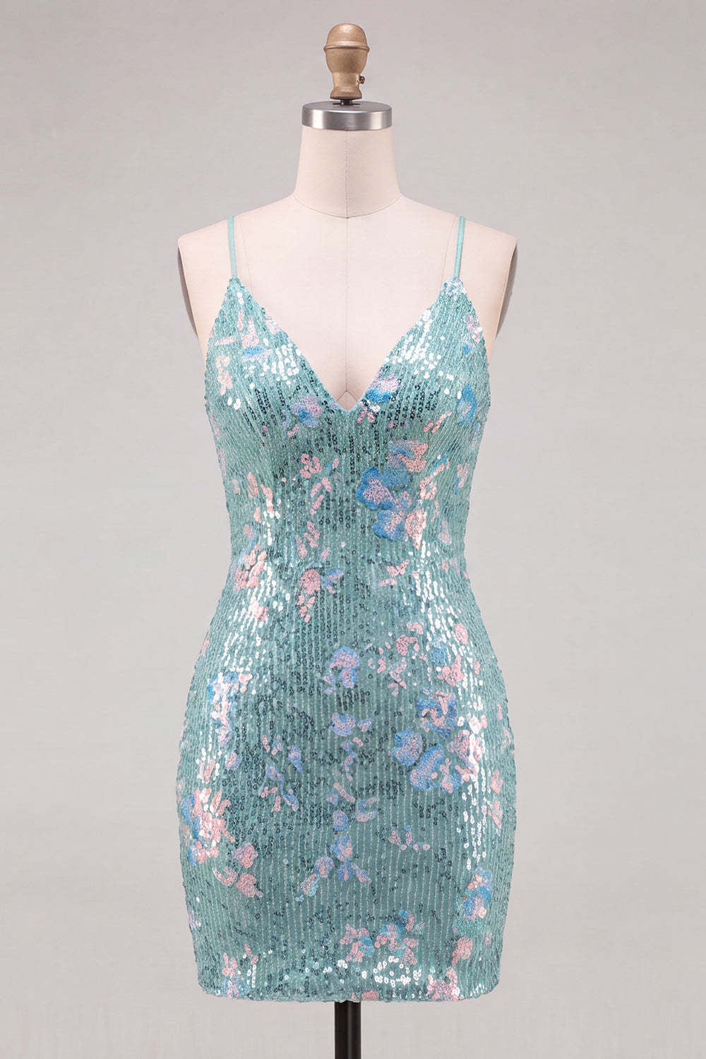 Sparkly Mint Green Bodycon Spaghetti Straps Sequins Short Homecoming Dress