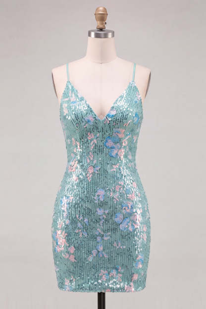 Sparkly Mint Green Bodycon Spaghetti Straps Sequins Short Homecoming Dress