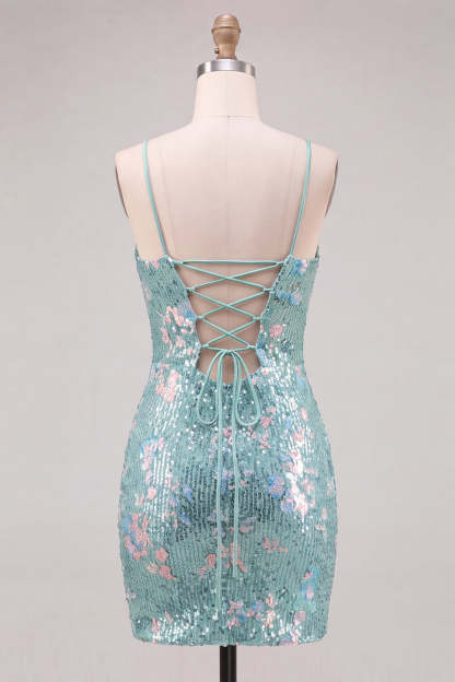Sparkly Mint Green Bodycon Spaghetti Straps Sequins Short Homecoming Dress