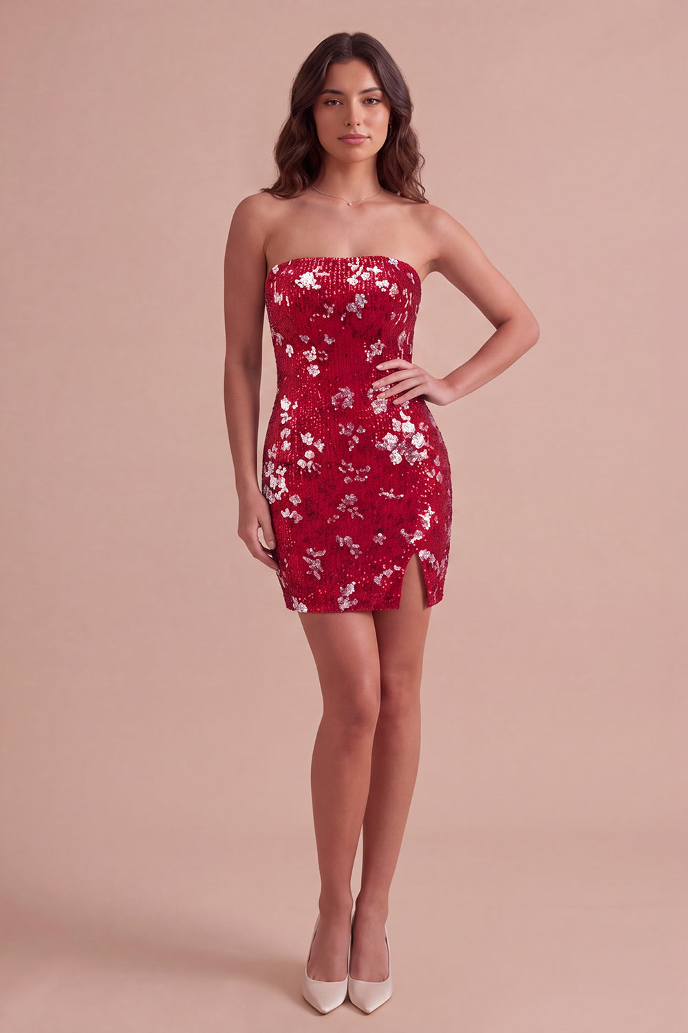 Red Sparkly Sequins Bodycon Strapless Short Homecoming Dress with Slit