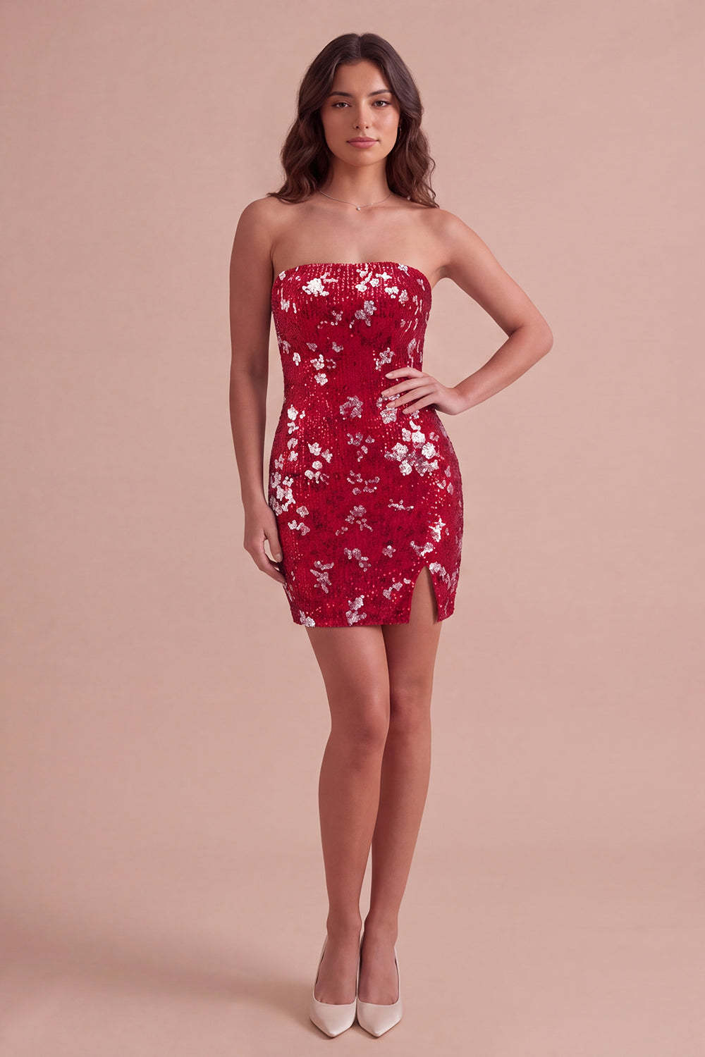 Red Sparkly Sequins Bodycon Strapless Short Homecoming Dress with Slit