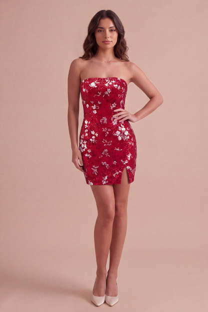 Red Sparkly Sequins Bodycon Strapless Short Homecoming Dress with Slit