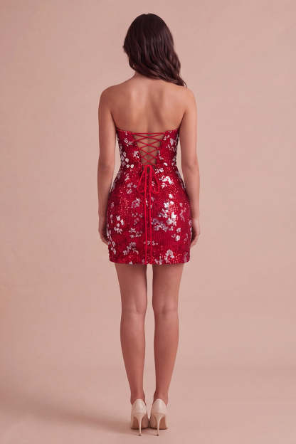Red Sparkly Sequins Bodycon Strapless Short Homecoming Dress with Slit