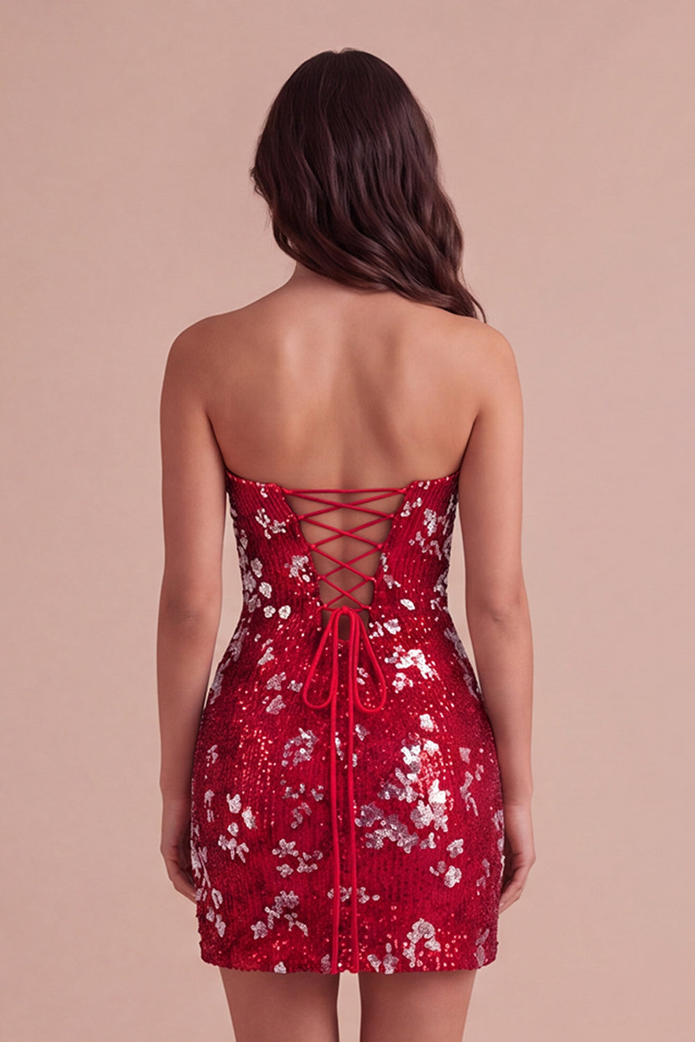 Red Sparkly Sequins Bodycon Strapless Short Homecoming Dress with Slit