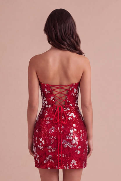Red Sparkly Sequins Bodycon Strapless Short Homecoming Dress with Slit