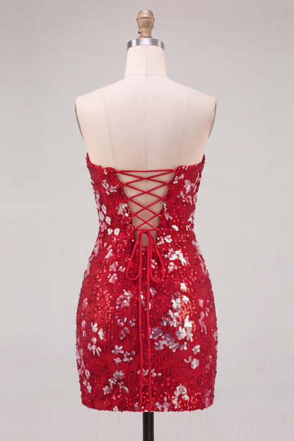 Red Sparkly Sequins Bodycon Strapless Short Homecoming Dress with Slit