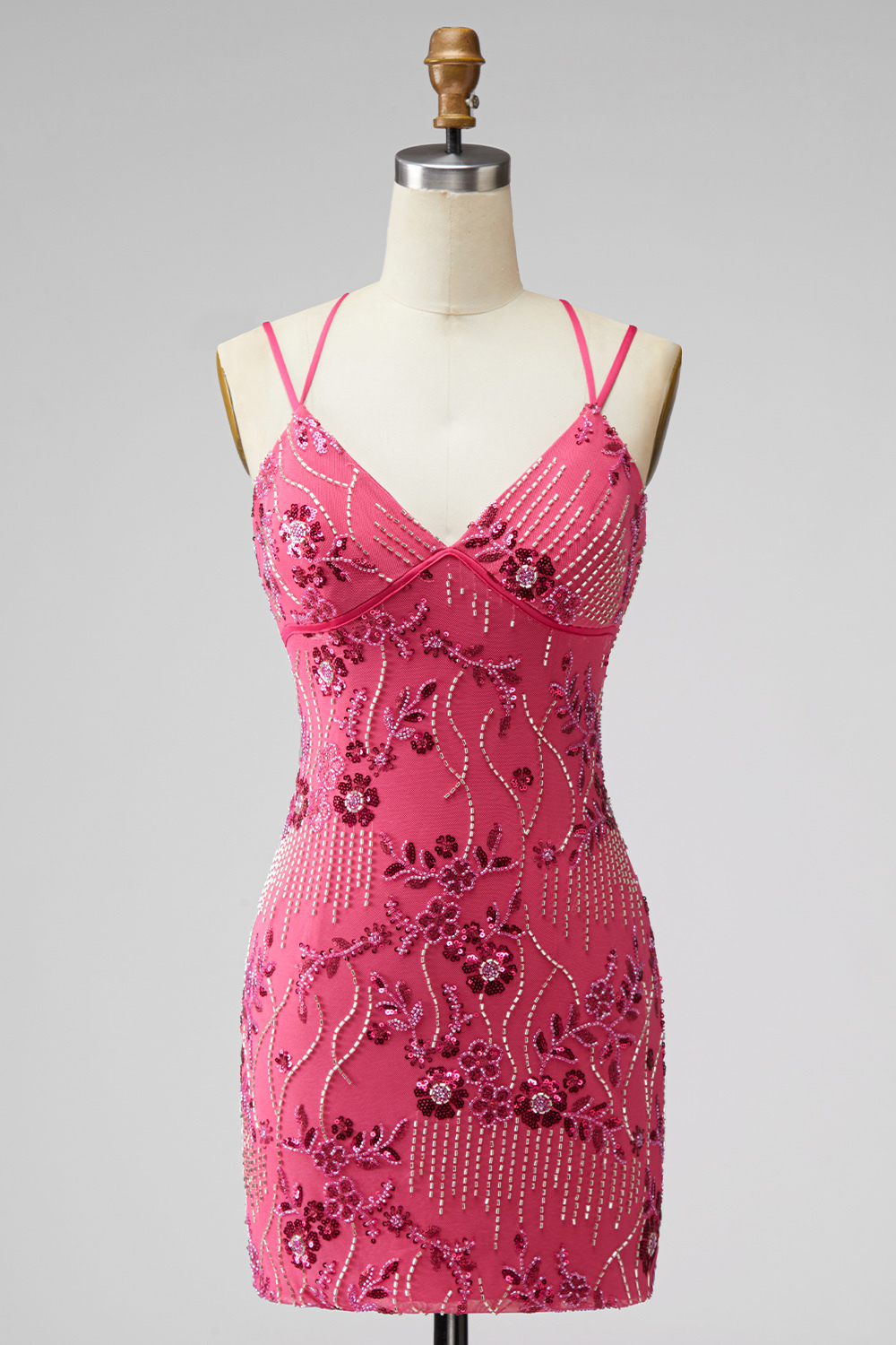 Sparkly Beaded Fuchsia Bodycon Spaghetti Straps Short Homecoming Dress