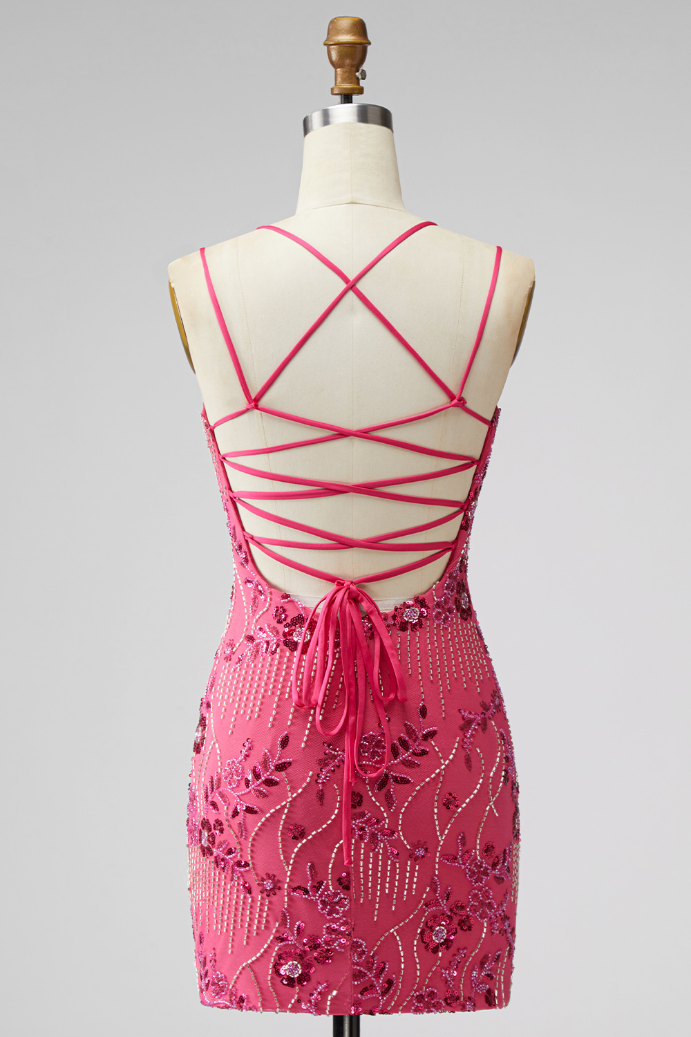 Sparkly Beaded Fuchsia Bodycon Spaghetti Straps Short Homecoming Dress