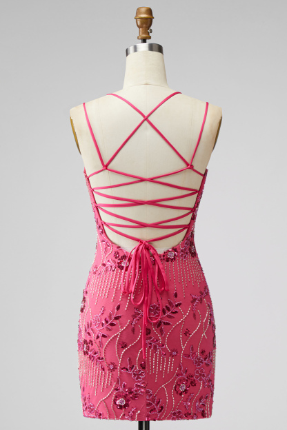 Sparkly Beaded Fuchsia Bodycon Spaghetti Straps Short Homecoming Dress