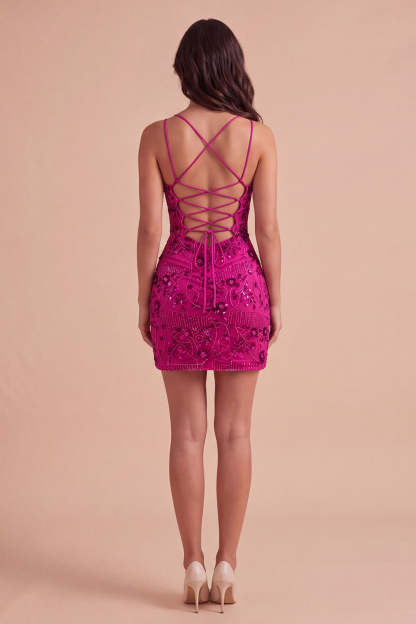 Sparkly Beaded Fuchsia Bodycon Spaghetti Straps Short Homecoming Dress