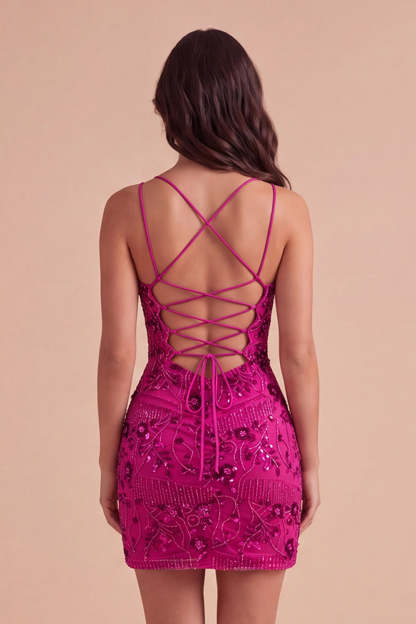 Sparkly Beaded Fuchsia Bodycon Spaghetti Straps Short Homecoming Dress