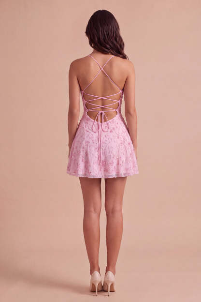Sparkly Beaded Floral Pink A-Line Spaghetti Straps Short Homecoming Dress