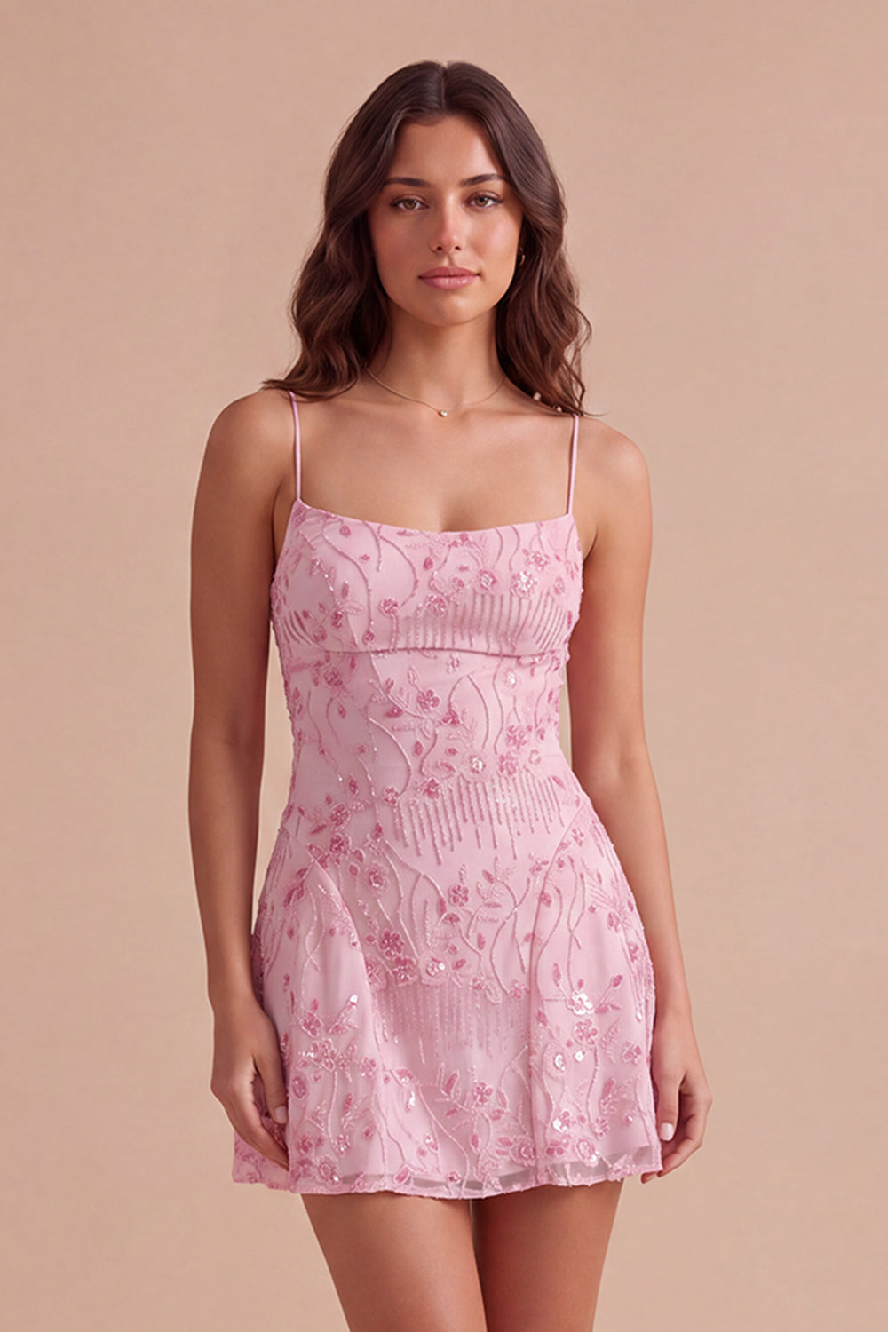 Leely Women Pink Sparkly Beaded Floral Short Homecoming Dress A-Line Spaghetti Straps Lace Up Cocktail Dress