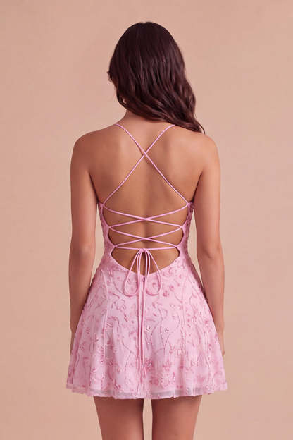 Sparkly Beaded Floral Pink A-Line Spaghetti Straps Short Homecoming Dress