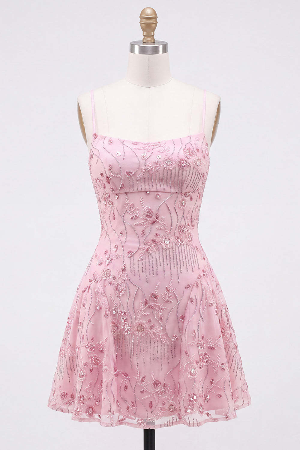 Sparkly Beaded Floral Pink A-Line Spaghetti Straps Short Homecoming Dress