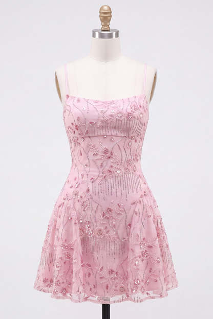 Sparkly Beaded Floral Pink A-Line Spaghetti Straps Short Homecoming Dress