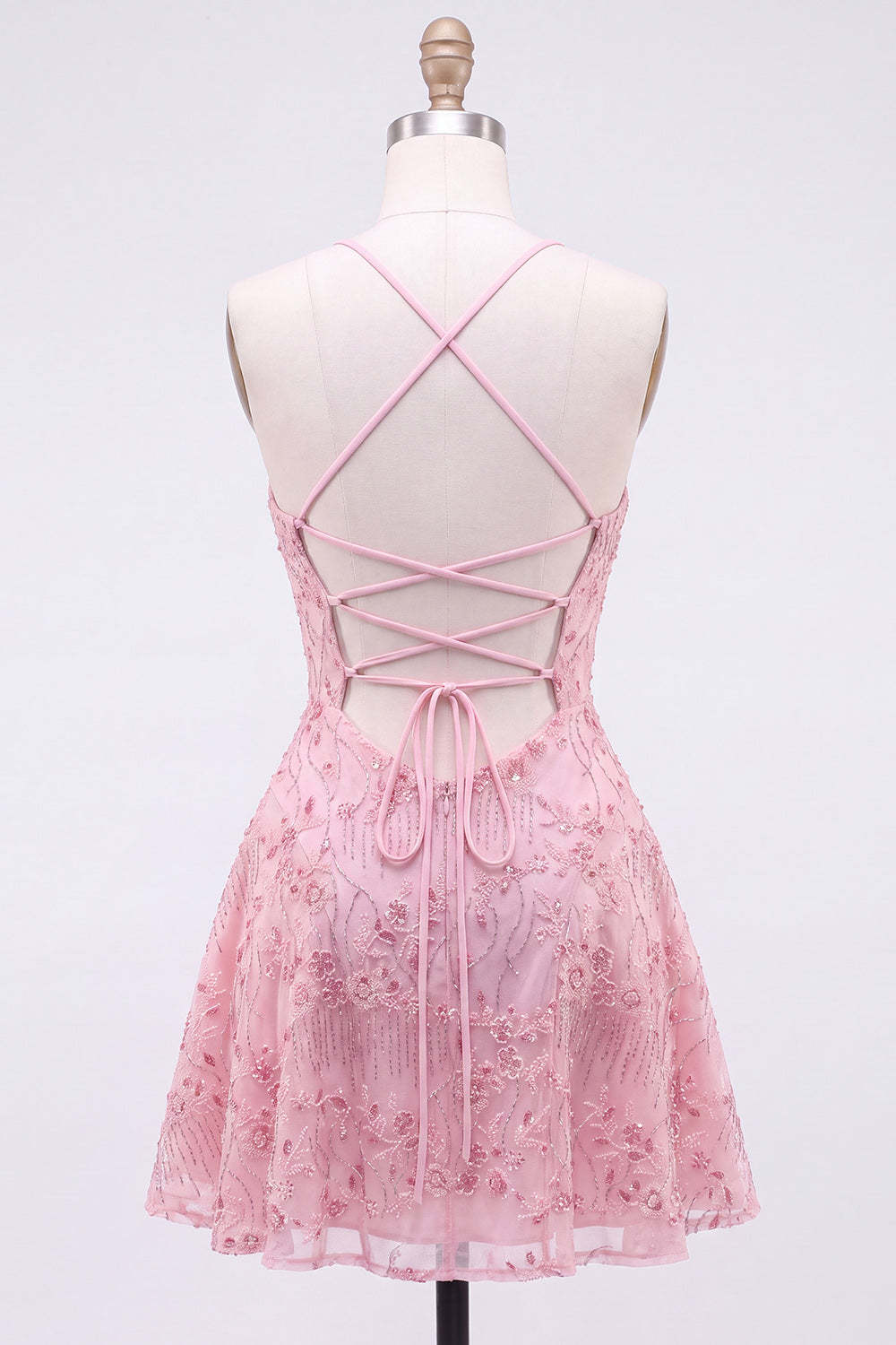Sparkly Beaded Floral Pink A-Line Spaghetti Straps Short Homecoming Dress
