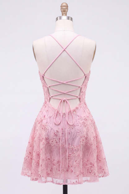 Sparkly Beaded Floral Pink A-Line Spaghetti Straps Short Homecoming Dress
