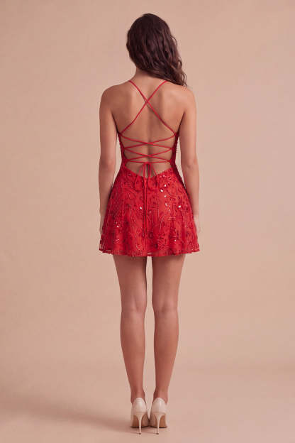 Sparkly Beaded Floral Pink A-Line Spaghetti Straps Short Homecoming Dress