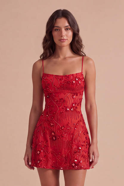 Sparkly Beaded Floral Pink A-Line Spaghetti Straps Short Homecoming Dress
