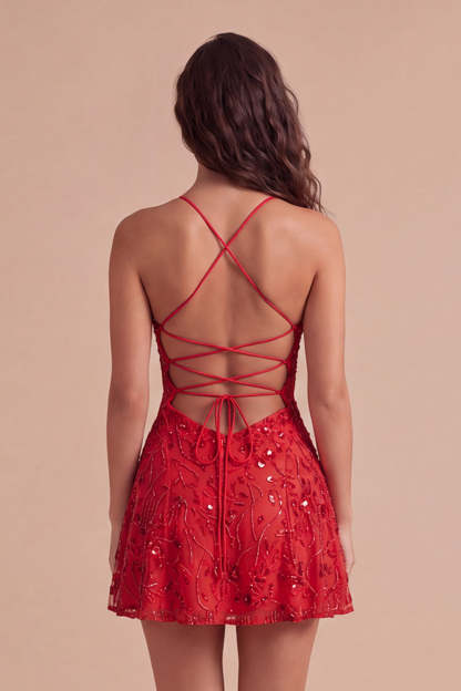Sparkly Beaded Floral Pink A-Line Spaghetti Straps Short Homecoming Dress