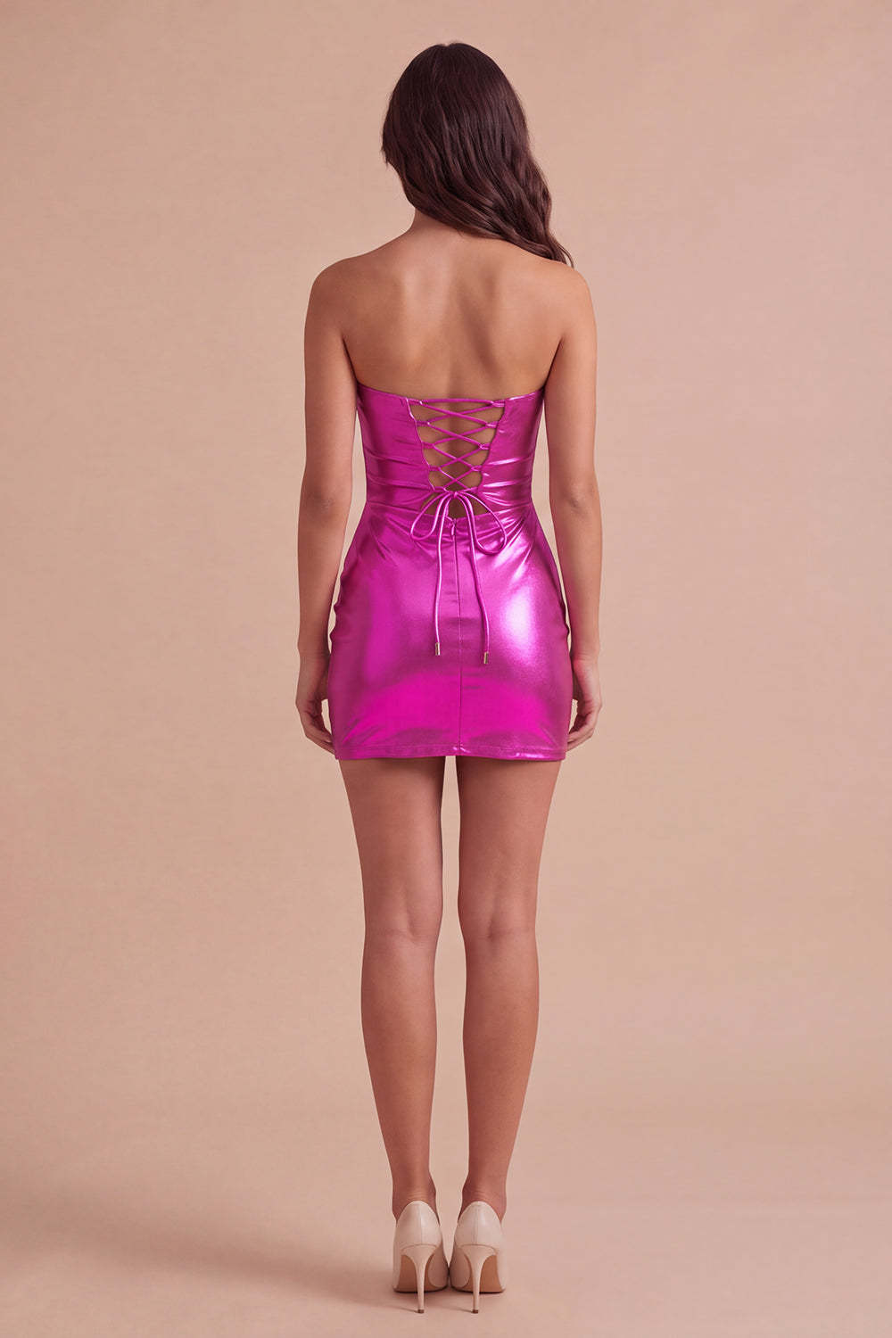 Gold Metallic Bodycon Strapless Keyhole Short Ruched Homecoming Dress