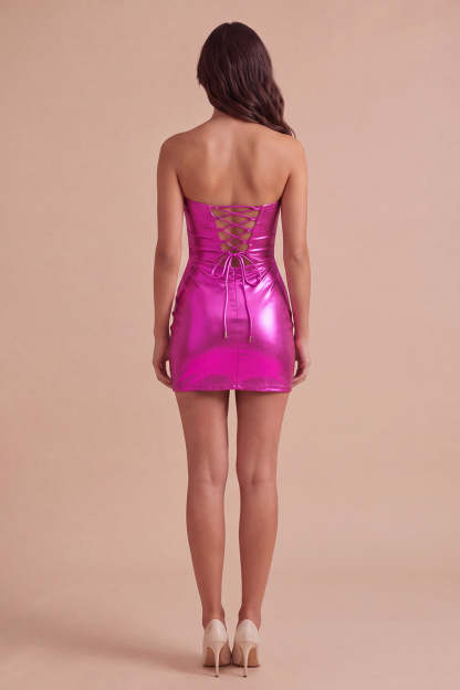 Gold Metallic Bodycon Strapless Keyhole Short Ruched Homecoming Dress