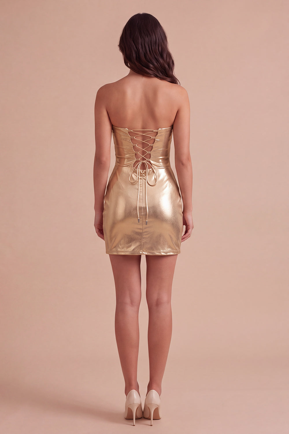Gold Metallic Bodycon Strapless Keyhole Short Ruched Homecoming Dress