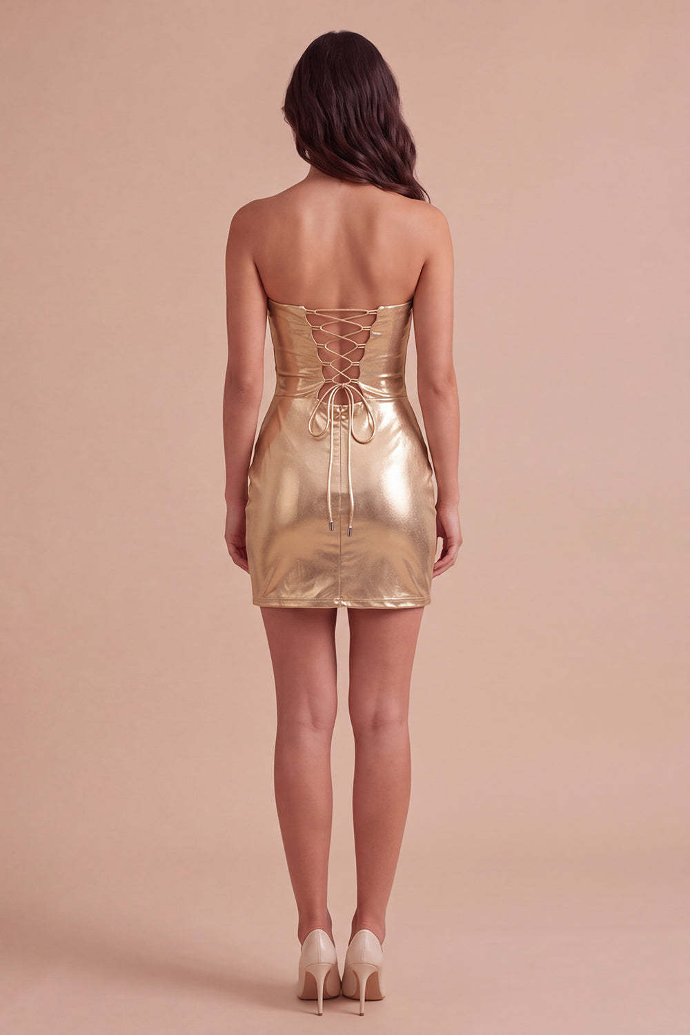 Gold Metallic Bodycon Strapless Keyhole Short Ruched Homecoming Dress