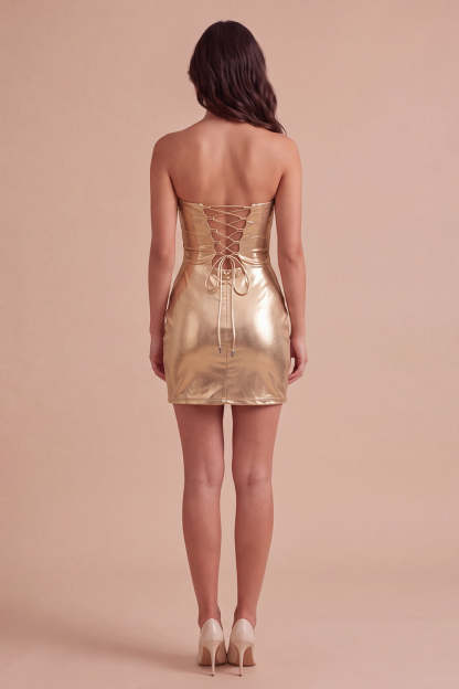 Gold Metallic Bodycon Strapless Keyhole Short Ruched Homecoming Dress