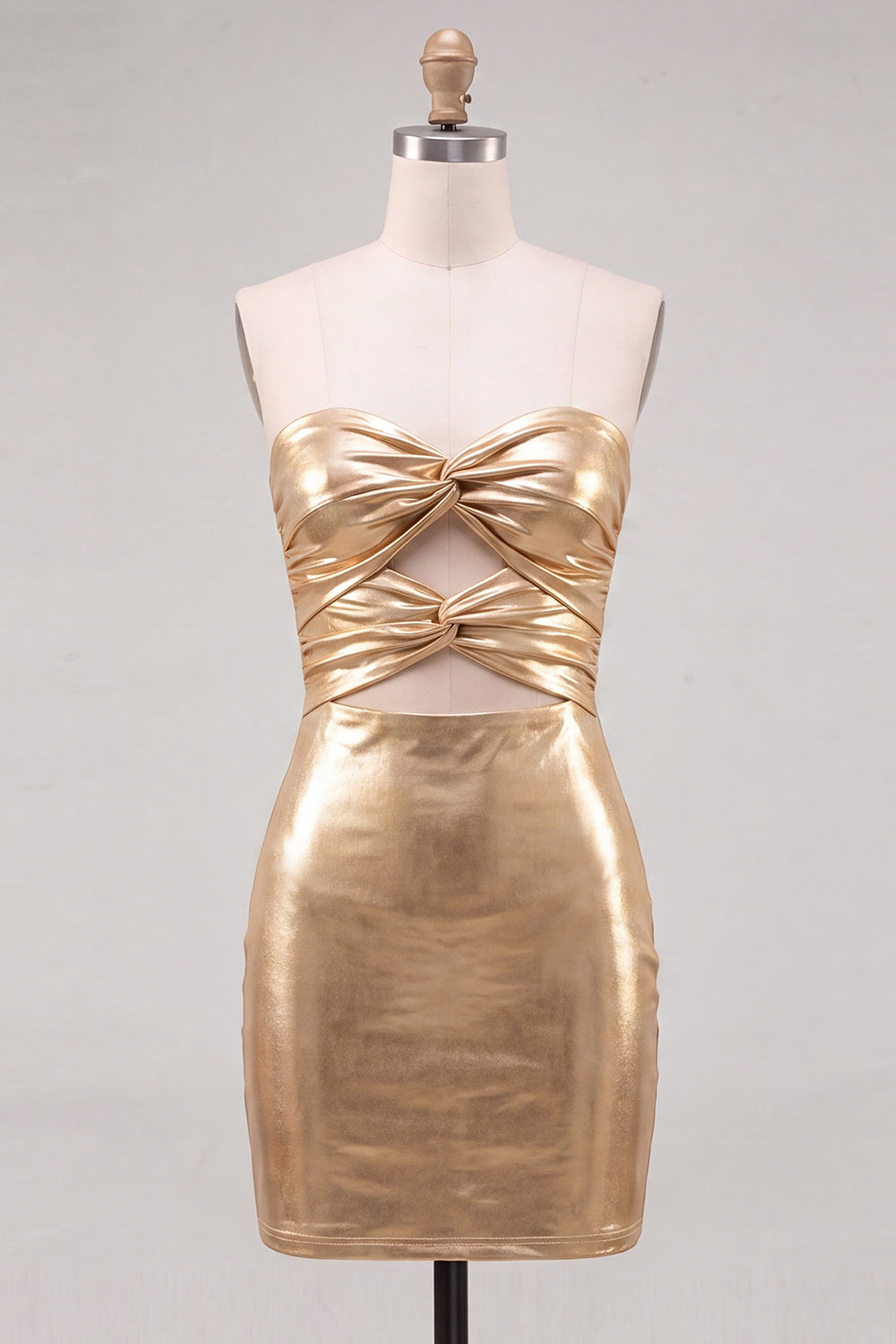 Gold Metallic Bodycon Strapless Keyhole Short Ruched Homecoming Dress