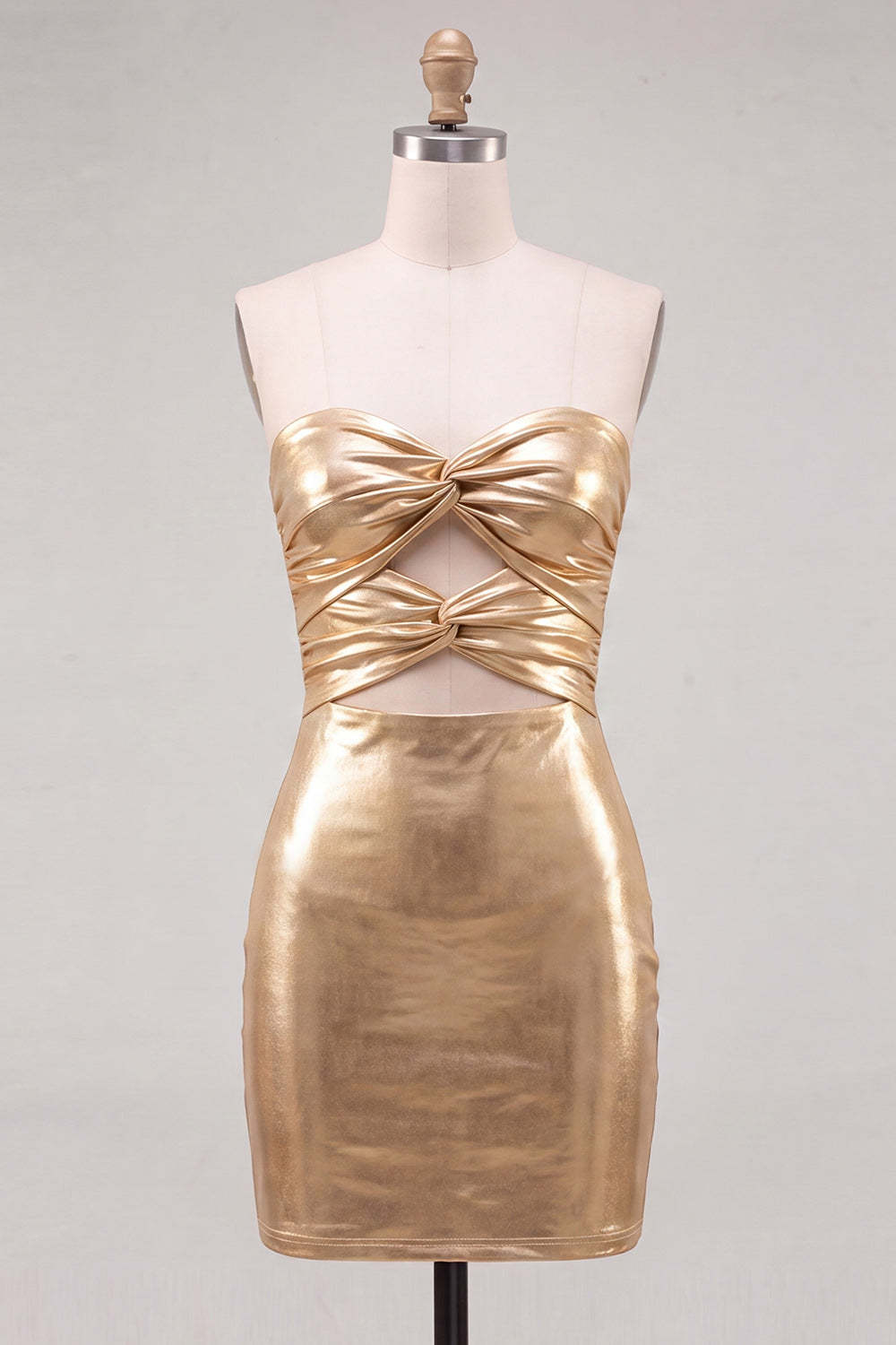 Gold Metallic Bodycon Strapless Keyhole Short Ruched Homecoming Dress