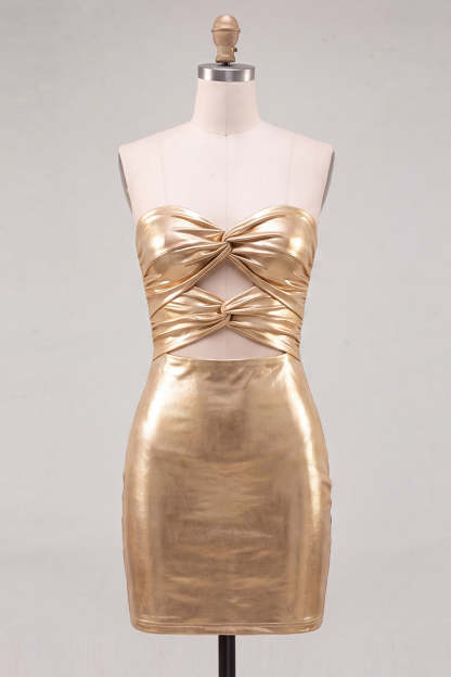 Gold Metallic Bodycon Strapless Keyhole Short Ruched Homecoming Dress