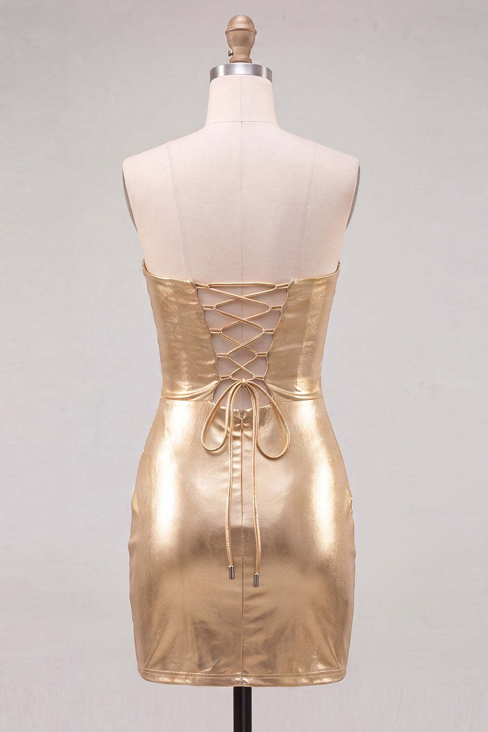 Gold Metallic Bodycon Strapless Keyhole Short Ruched Homecoming Dress