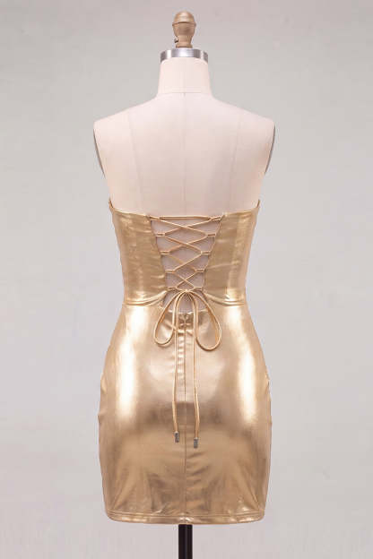 Gold Metallic Bodycon Strapless Keyhole Short Ruched Homecoming Dress