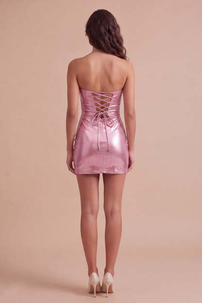 Gold Metallic Bodycon Strapless Keyhole Short Ruched Homecoming Dress