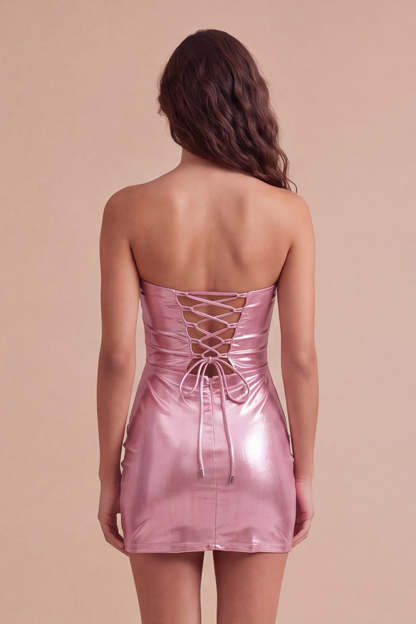 Gold Metallic Bodycon Strapless Keyhole Short Ruched Homecoming Dress