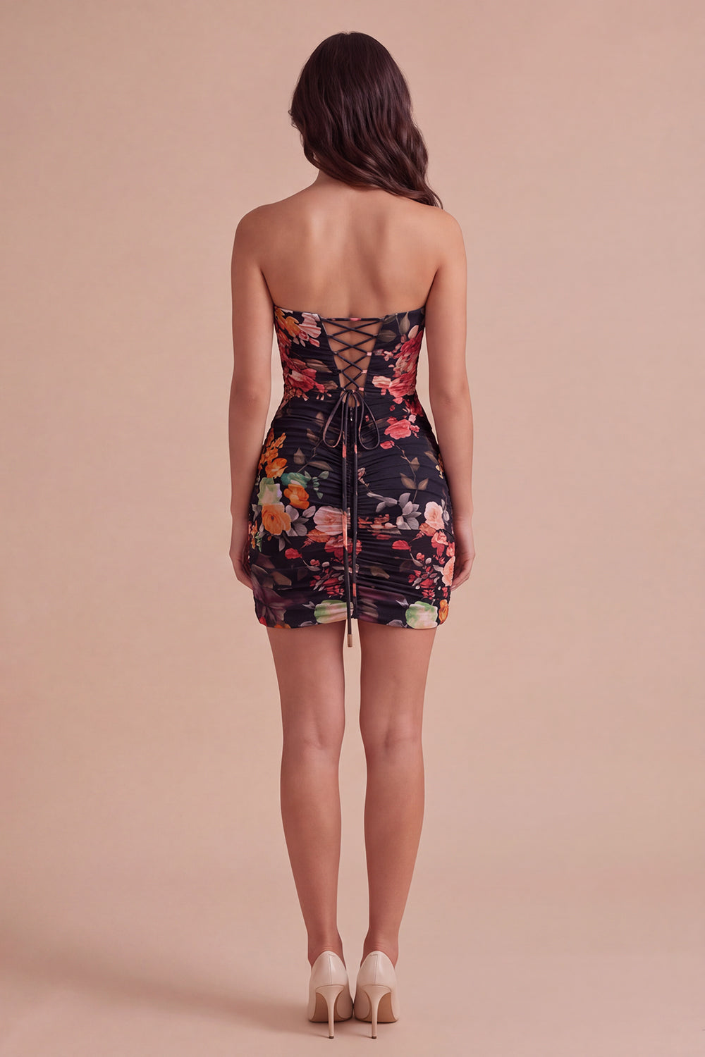 Black Strapless Floral Bodycon Ruched Short Lace Up Homecoming Dress