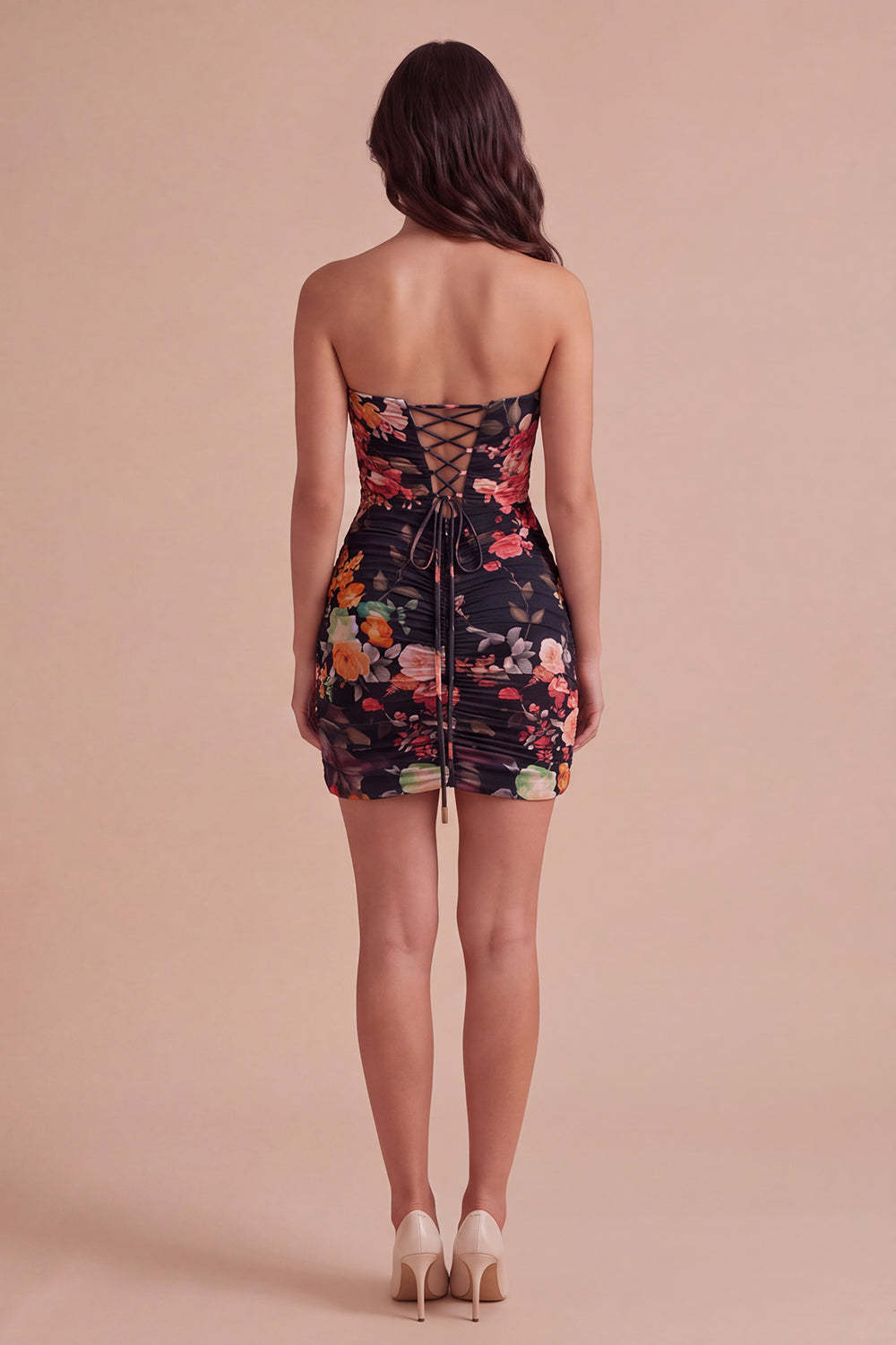 Black Strapless Floral Bodycon Ruched Short Lace Up Homecoming Dress
