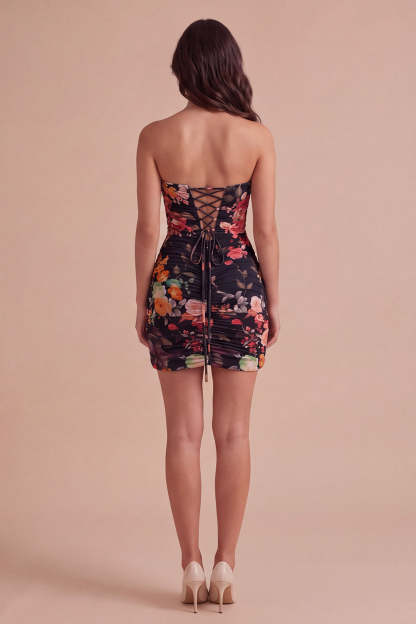 Black Strapless Floral Bodycon Ruched Short Lace Up Homecoming Dress