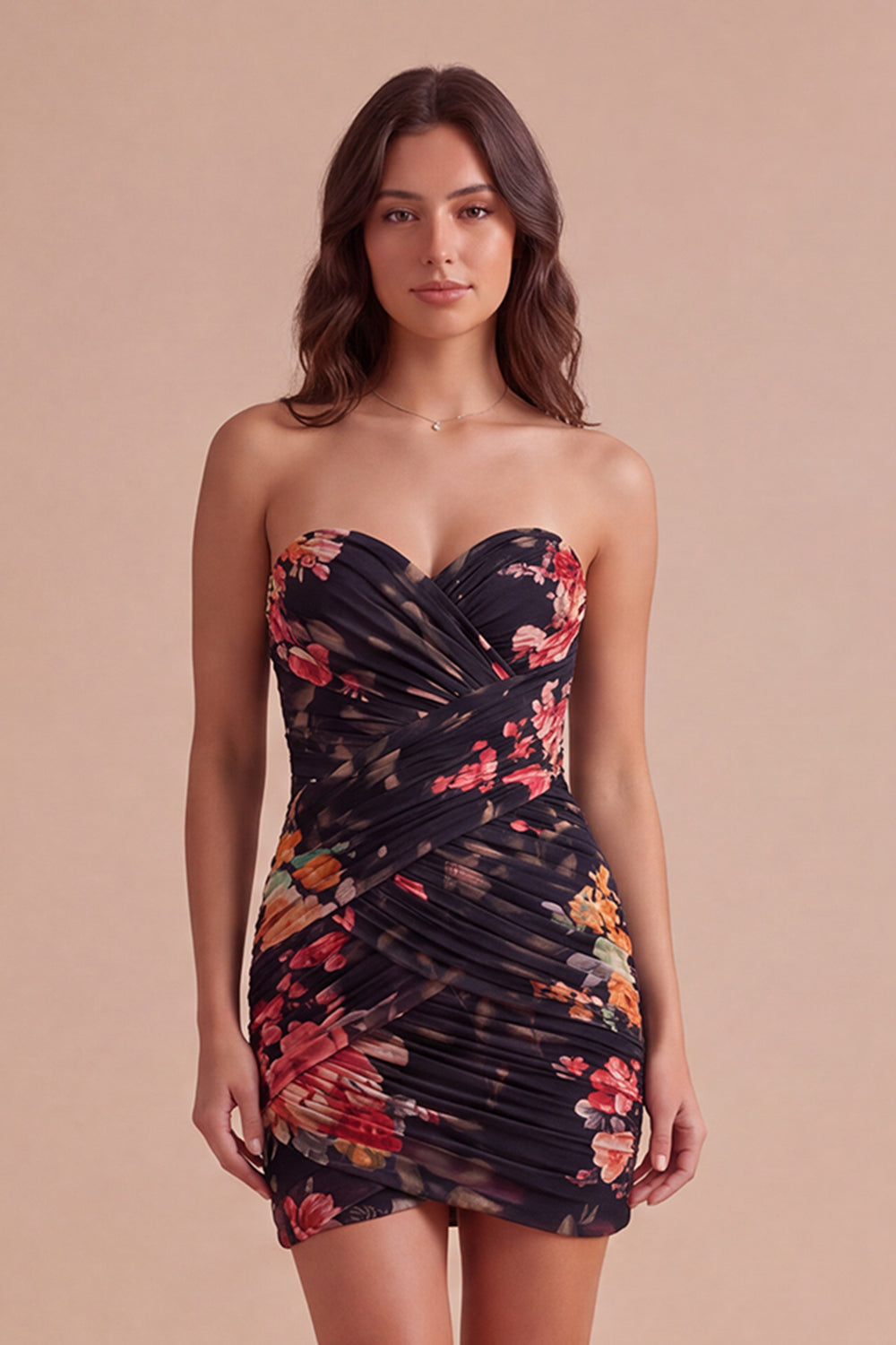 Black Strapless Floral Bodycon Ruched Short Lace Up Homecoming Dress